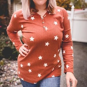 Full Size Run Star Print Waffle Henley Top